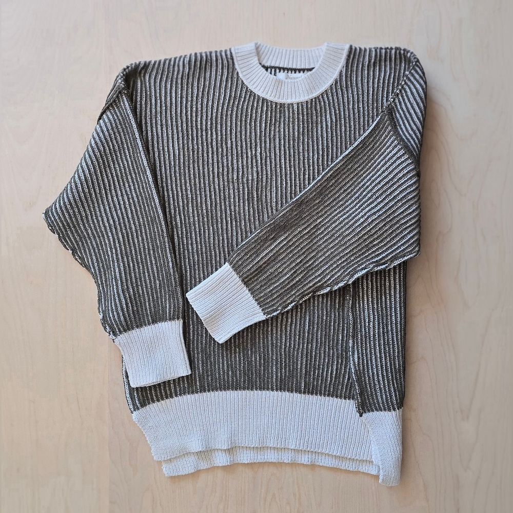 Natural Reflections Olive Green And White Striped Sweater Women's Medium